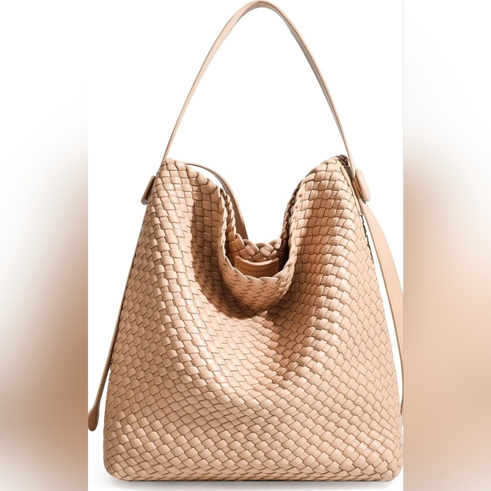 Khaki Woven Vegan Leather Tote Bag Magnetic Closure Large Shoulder Bag